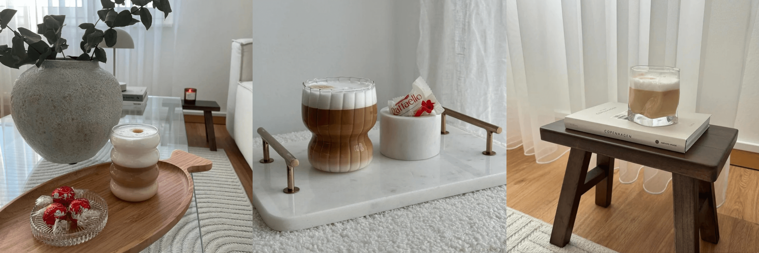 Bestseller , gefüllt mit Cappuccino, auf einem Tisch. Diese hochwertigen, modern designten Trinkgläser mit einzigartigem, wellig gewölbtem Bubble-Design bieteen ein ästhetisches und luxuriöses Trinkgefühl. Perfekt für kalte und heiße Getränke, wie Kaffee und Cappuccino. Ein attraktiver und edler Blickfang, der Eleganz und Stil in jede Umgebung bringt.