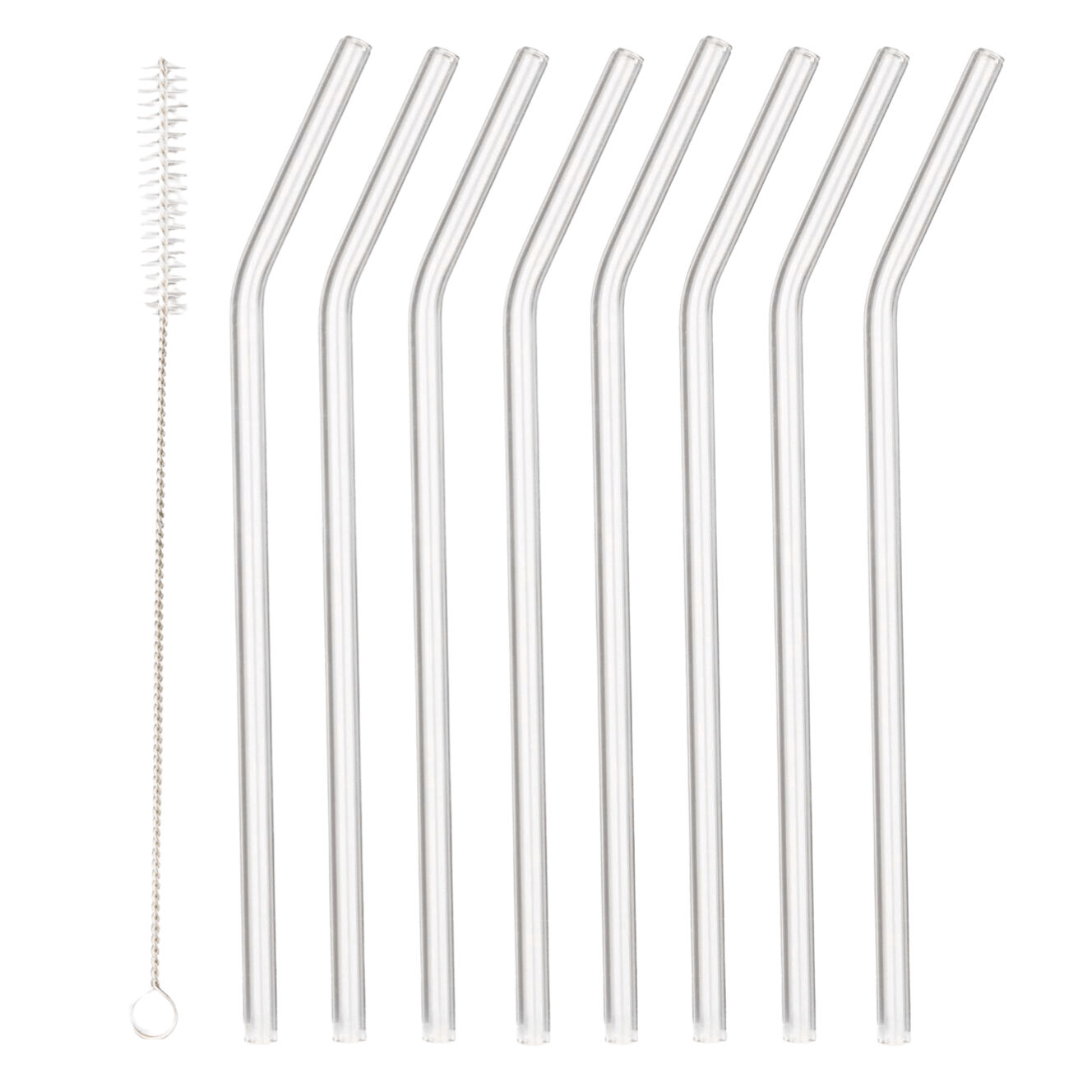 Ein stilvoller Glass Straw - Curved, präsentiert auf einem grauen Hintergrund. Wiederverwendbar und aus hochwertigem Glas gefertigt, ist dieser Glastrinkhalm eine umweltfreundliche Alternative. Ideal für Cocktails, Smoothies oder frische Säfte. Ein Blickfang auf jedem Tisch und ein Statement für Stil und Nachhaltigkeit. 8er Set.