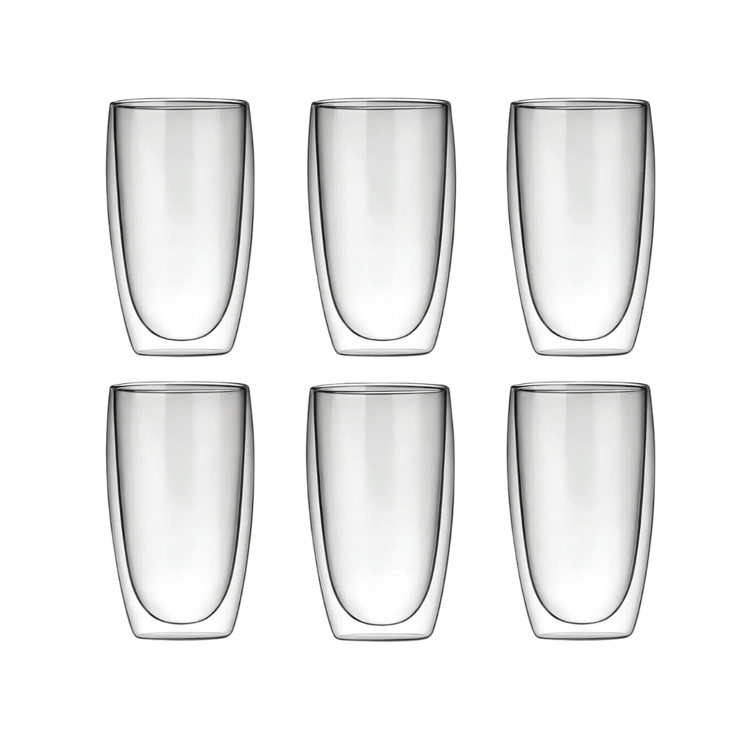 Auf diesem Bild sieht man unser Double Wall Glas 350ml. Das Glas hält Getränke länger Kalt oder Warm und ist optisch ein Hingucker. Es ist elegant und ästhetisch. 6er Set.