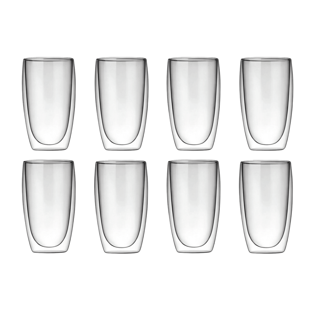 Auf diesem Bild sieht man unser Double Wall Glas 350ml. Das Glas hält Getränke länger Kalt oder Warm und ist optisch ein Hingucker. Es ist elegant und ästhetisch. 8er Set.